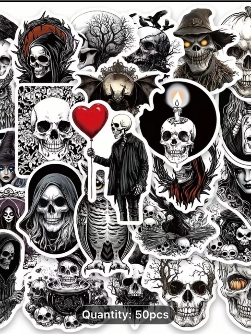 50pcs Skull Sticker Pack - Black & White Gothic Decals
